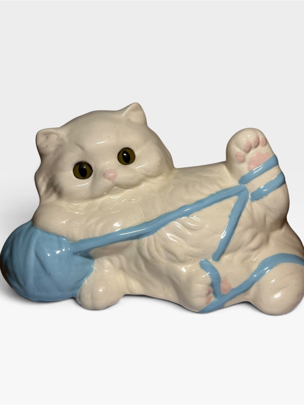 Vintage Ceramic Cream Cat Figurine with Blue Yarn